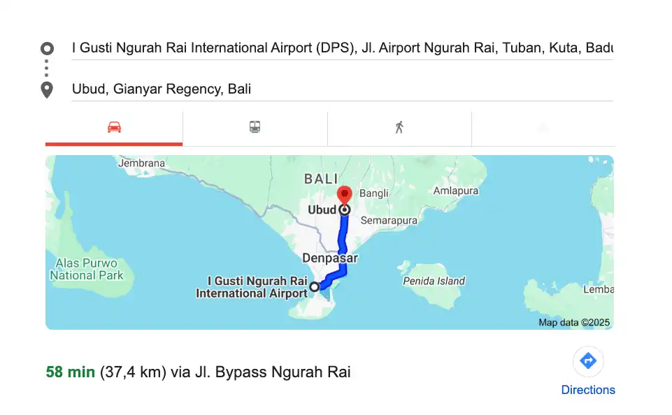 a map showing the route getting from bali airport to ubud